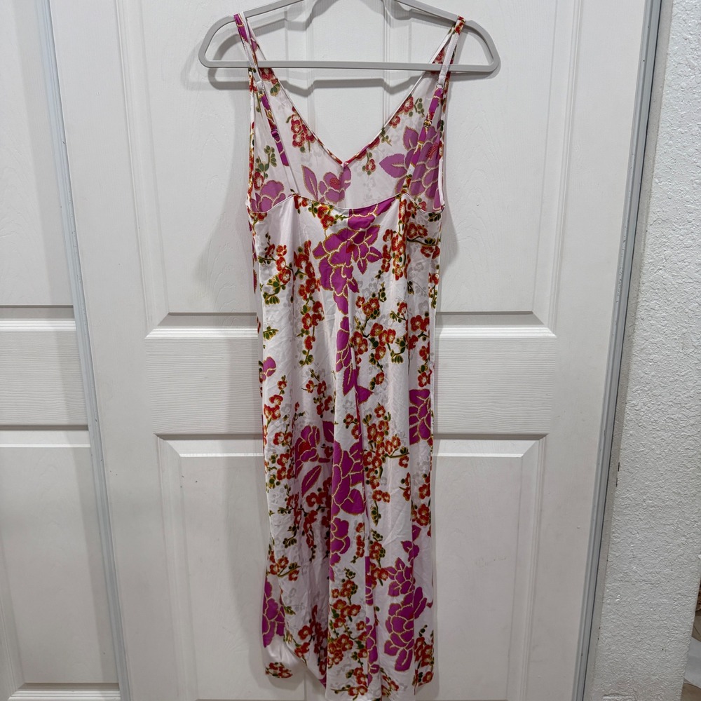 Natori Floral Print Satin Chemise Nightgown White Magenta Orange Small